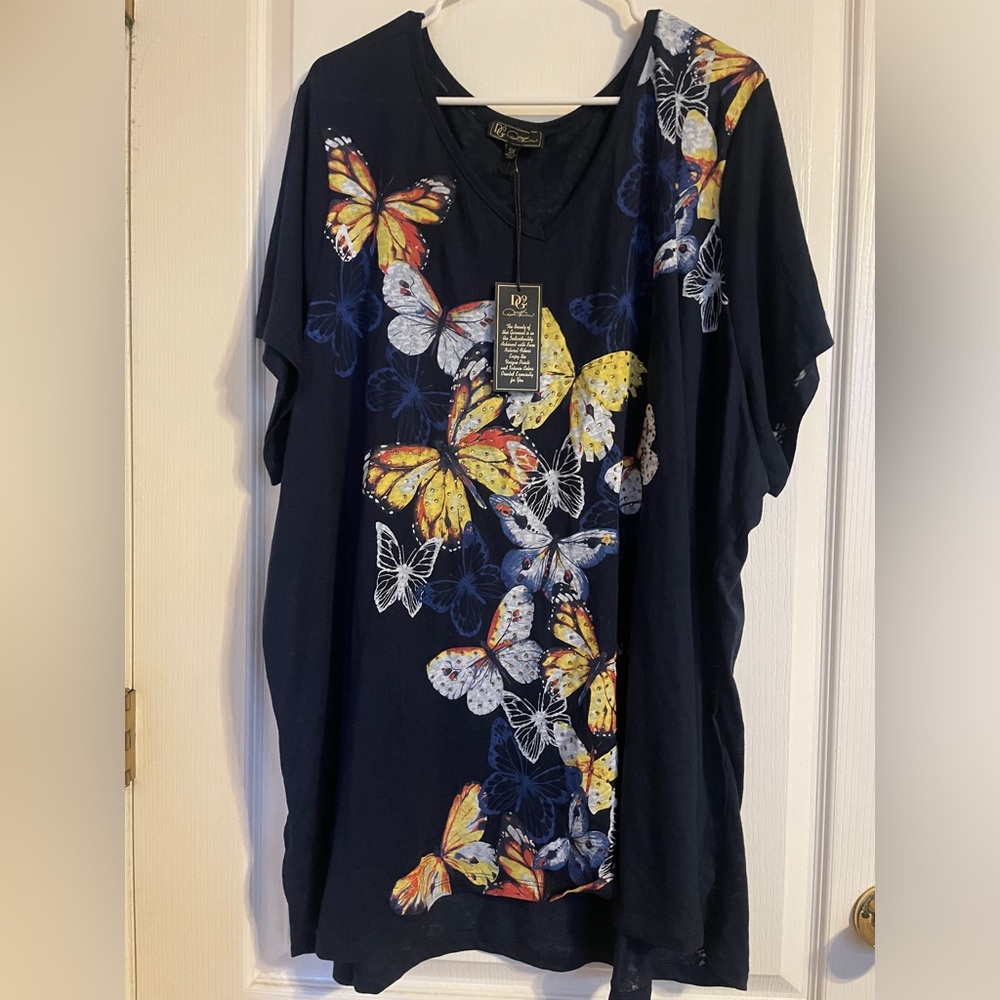 NWOT DG2 by Diane Gilman Blue Yellow Butterly Top Blouse 5x Casual Career Floral